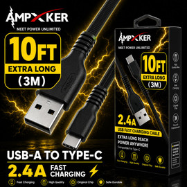 Ampxker 10 ft USB-C to USB-A High-Speed Charge & Sync Cable - Black