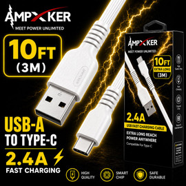 Ampxker 10 ft USB-C to USB-A High-Speed Charge & Sync Cable - White
