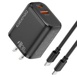 Rapid PD 38W 2 Port USB-C and USB-A Wall Charger + USB-C Cable with Lightning Connector - Black