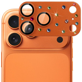 Unibody Matte Metal Tempered Glass Camera Lens Protector for iPhone 17 Pro Max - Rhinestones Cosmic Orange