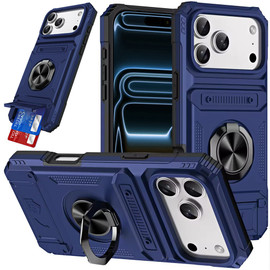 Military Grade All-In-One Ring Stand Case with Card Pocket for iPhone 17 Pro Max - Blue