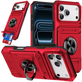 Military Grade All-In-One Ring Stand Case with Card Pocket for iPhone 17 Pro Max - Red