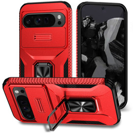 Combat Tough Series Ring Holder Case with Camera Lens Cover for Google Pixel 11 Pro XL - Red