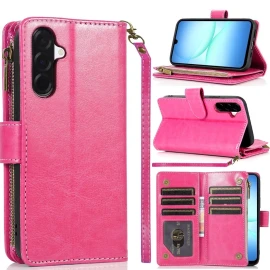 Leather Wallet Case with Zipper Pocket for Samsung Galaxy A27 5G - Hot Pink