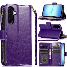 Leather Wallet Case with Zipper Pocket for Samsung Galaxy A27 5G - Purple