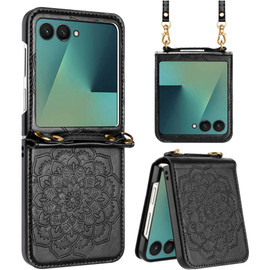 Mandala Flower Leather Protective Cover with Strap for Samsung Galaxy Z Flip 8 - Black
