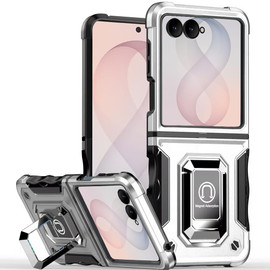 Military Grade Shockproof Hybrid Armor Case with Ring Grip for Samsung Galaxy Z Flip 8 - Silver
