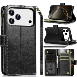 Leather Wallet Case with Zipper Pocket for iPhone 18 Pro Max and iPhone 17 Pro Max - Black