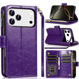 Leather Wallet Case with Zipper Pocket for iPhone 18 Pro Max and iPhone 17 Pro Max - Purple