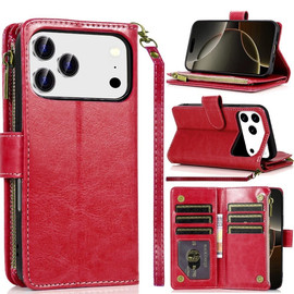 Leather Wallet Case with Zipper Pocket for iPhone 18 Pro Max and iPhone 17 Pro Max - Red