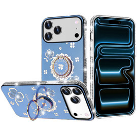 Four-Leaf Clover Diamond Rhinestone Case with Ring Grip for iPhone 18 Pro Max and iPhone 17 Pro Max - Light Blue