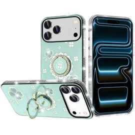 Four-Leaf Clover Diamond Rhinestone Case with Ring Grip for iPhone 18 Pro Max and iPhone 17 Pro Max - Teal