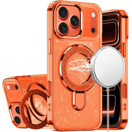 Electroplating Chrome Tough Shield Glitter Case with MagSafe Ring Holder for iPhone 18 Pro Max and iPhone 17 Pro Max - Cosmic Orange