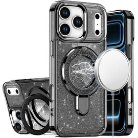 Electroplating Chrome Tough Shield Glitter Case with MagSafe Ring Holder for iPhone 18 Pro and iPhone 17 Pro - Black