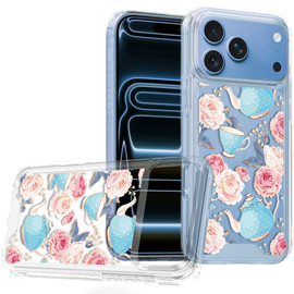 Designer Series Tough Shield Transparent Hybrid Case for iPhone 18 Pro and iPhone 17 Pro - Pink Roses & Teal Teapots