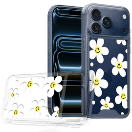 Designer Series Tough Shield Transparent Hybrid Case for iPhone 18 Pro and iPhone 17 Pro - White Daisies with Yellow Smiley Faces