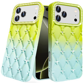 Floral Joy Diamond Crystal TPU Case for iPhone 18 Pro and iPhone 17 Pro - Light Green Teal