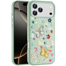 Butterfly Ornaments Diamond Hybrid Case for iPhone 18 Pro and iPhone 17 Pro - Teal