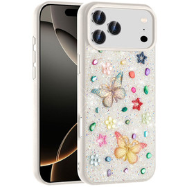 Butterfly Ornaments Diamond Hybrid Case for iPhone 18 Pro and iPhone 17 Pro - White