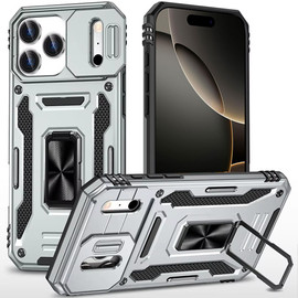 Military Grade Ring Holder Case with Camera Lens Cover for iPhone 18 Pro and iPhone 17 Pro - Silver