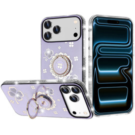 Four-Leaf Clover Diamond Rhinestone Case with Ring Grip for iPhone 18 Pro and iPhone 17 Pro - Purple