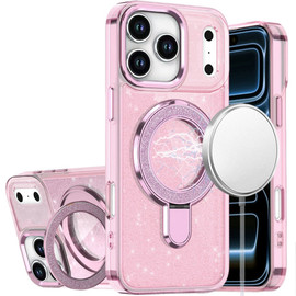 Electroplating Chrome Tough Shield Glitter Case with MagSafe Ring Holder for iPhone 18 Pro Max and iPhone 17 Pro Max - Pink