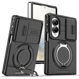 Dual Layer Magnetic Ring Case with Rotating Stand and Privacy Camera Cover for Samsung Galaxy Z Fold 8 - Black