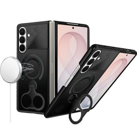 Magnetic Armor Stand Case with Double Finger Ring Holder for Samsung Galaxy Z Fold 8 Ultra - Black