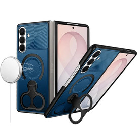 Magnetic Armor Stand Case with Double Finger Ring Holder for Samsung Galaxy Z Fold 8 Ultra - Blue