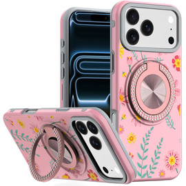 Circular Series Hybrid Case with Rotating Ring Stand for iPhone 18 Pro Max and iPhone 17 Pro Max - Pink with Daisies and Floral