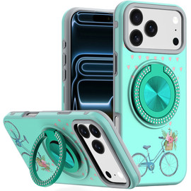 Circular Series Hybrid Case with Rotating Ring Stand for iPhone 18 Pro Max and iPhone 17 Pro Max - Teal Bicycle with Flowers