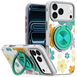 Circular Series Hybrid Case with Rotating Ring Stand for iPhone 18 Pro Max and iPhone 17 Pro Max - Yellow and Purple Flowers