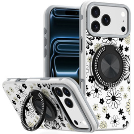 Circular Series Hybrid Case with Rotating Ring Stand for iPhone 18 Pro and iPhone 17 Pro - Black and White Floral