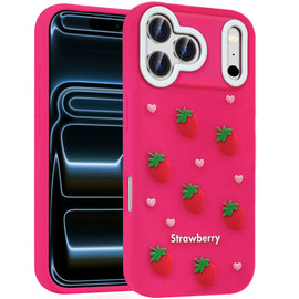 Strawberry Design Aesthetic Silicone Case for iPhone 18 Pro and iPhone 17 Pro - Hot Pink