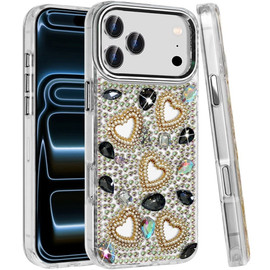 Luxury Crystal Heart Bling 3D Diamond Case for iPhone 18 Pro Max and iPhone 17 Pro Max - Black