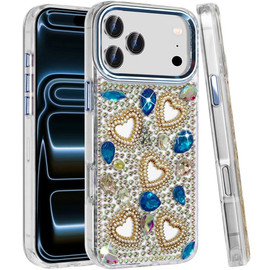Luxury Crystal Heart Bling 3D Diamond Case for iPhone 18 Pro Max and iPhone 17 Pro Max - Blue