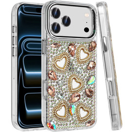 Luxury Crystal Heart Bling 3D Diamond Case for iPhone 18 Pro Max and iPhone 17 Pro Max - Champagne