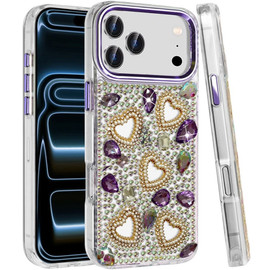 Luxury Crystal Heart Bling 3D Diamond Case for iPhone 18 Pro Max and iPhone 17 Pro Max - Purple