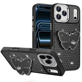 Dazzling Diamond Hybrid Case with Butterfly Grip Stand for iPhone 18 Pro Max and iPhone 17 Pro Max - Black