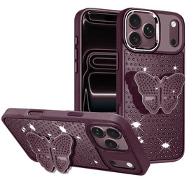 Dazzling Diamond Hybrid Case with Butterfly Grip Stand for iPhone 18 Pro Max and iPhone 17 Pro Max - Burgundy