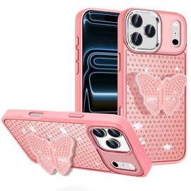 Dazzling Diamond Hybrid Case with Butterfly Grip Stand for iPhone 18 Pro Max and iPhone 17 Pro Max - Pink