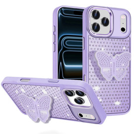 Dazzling Diamond Hybrid Case with Butterfly Grip Stand for iPhone 18 Pro Max and iPhone 17 Pro Max - Purple