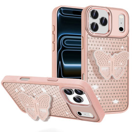 Dazzling Diamond Hybrid Case with Butterfly Grip Stand for iPhone 18 Pro Max and iPhone 17 Pro Max - Rose Gold