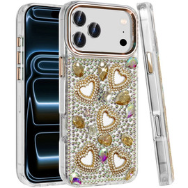 Luxury Crystal Heart Bling 3D Diamond Case for iPhone 18 Pro and iPhone 17 Pro - Gold