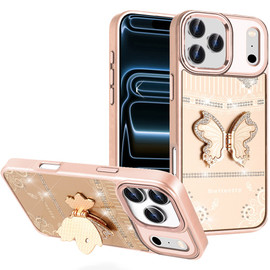 Dazzling Diamond Hybrid Case with Butterfly Stand for iPhone 18 Pro Max and iPhone 17 Pro Max - Gold