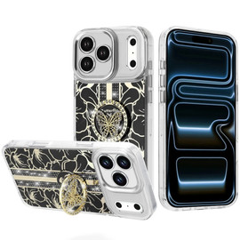 Floral Design Diamond Rhinestone Case with Butterfly Stand for iPhone 18 Pro Max and iPhone 17 Pro Max - Black