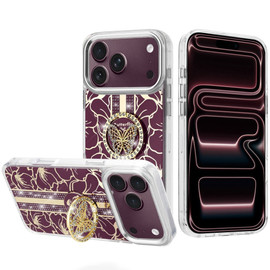 Floral Design Diamond Rhinestone Case with Butterfly Stand for iPhone 18 Pro Max and iPhone 17 Pro Max - Burgundy
