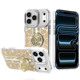 Floral Design Diamond Rhinestone Case with Butterfly Stand for iPhone 18 Pro Max and iPhone 17 Pro Max - Gold