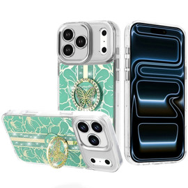 Floral Design Diamond Rhinestone Case with Butterfly Stand for iPhone 18 Pro Max and iPhone 17 Pro Max - Green