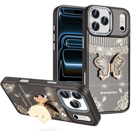 Dazzling Diamond Hybrid Case with Butterfly Stand for iPhone 18 Pro and iPhone 17 Pro - Black